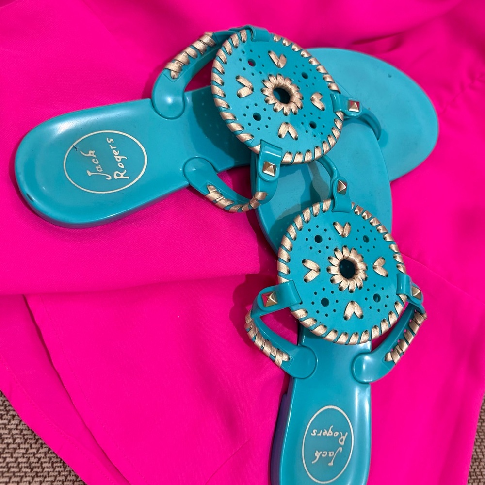 Jack Rogers Teal Miller Sandals with Gold Accents